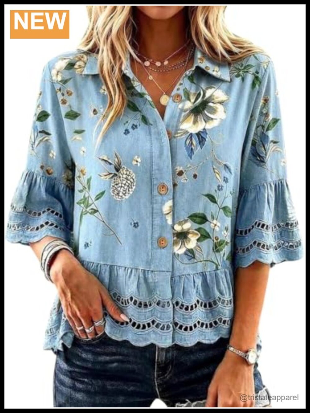 Womens Floral V-Neck Blouse Half Sleeve Button Down 100% Lyocell Lightweight